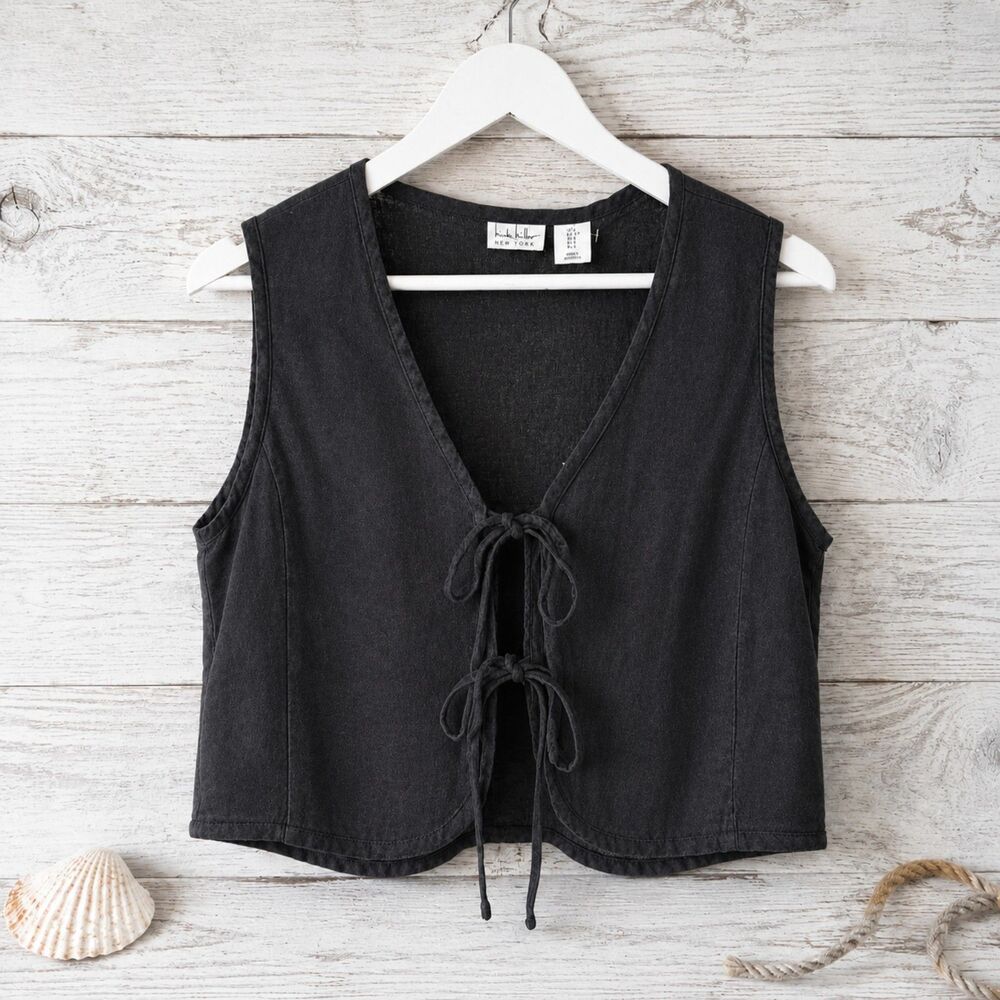 NWT Nicole Miller New York Black Linen Blend Tie-Front Crop Vest S